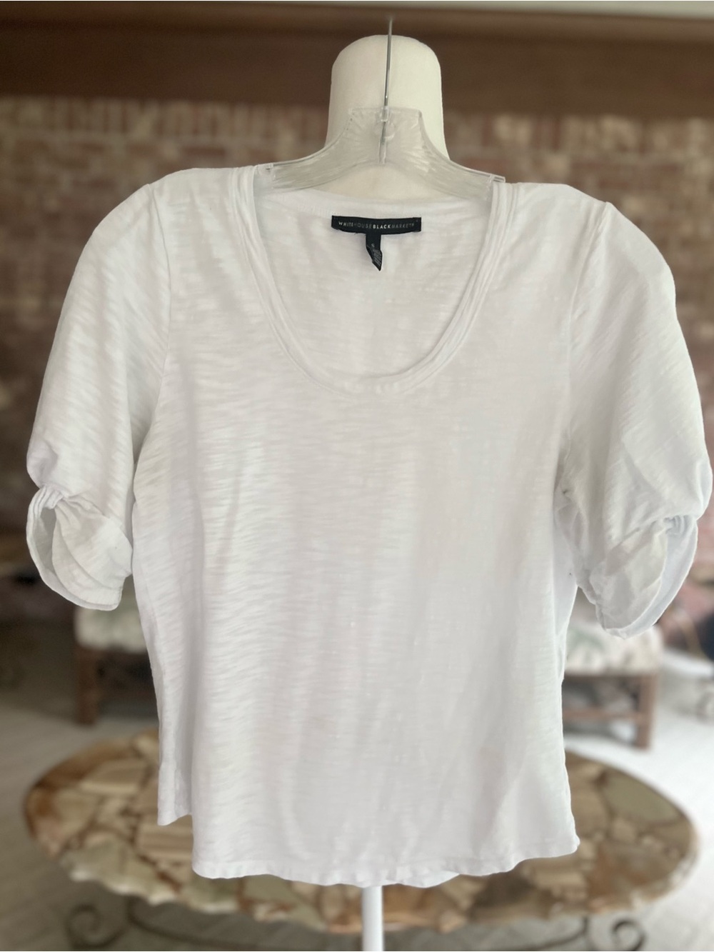WHBM White Slub Puff Twist Sleeve Round Neck T-Shirt Top S Quiet Luxury